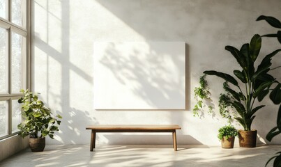 Bright interior with white textured wall, large blank canvas, wooden bench, and potted green plants. Sunlight casting shadows through window. Mockup