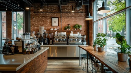 Fototapeta premium Cozy coffee shop interior with plants and rustic decor