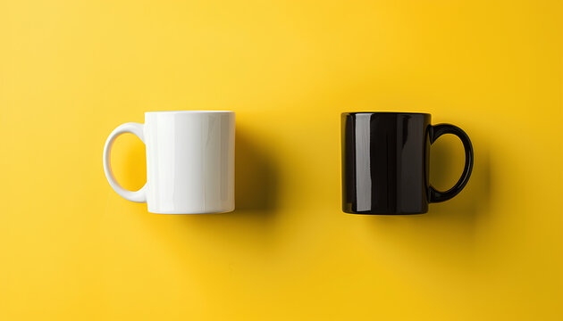 Black and white ceramic mugs on yellow background, flat lay. Space for text