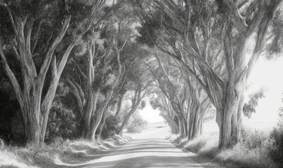 Charming country road lined with tall trees, pencil details of leaves forming a canopy, soft light filtering through branches, nostalgic and serene,