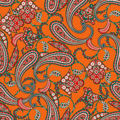 Turkish Cucumber Paisley. Seamless vector pattern in traditional oriental style with flowers, leaves and fantasy elements. Fabric and wallpaper cover