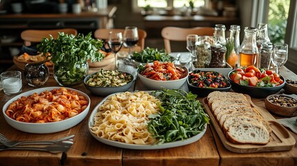 Fototapeta premium Abundant rustic wooden table laden with various delicious Italian dishes, including pasta, salads, and bread, ready for a celebratory meal.
