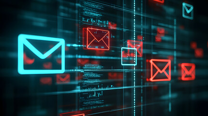 Abstract digital background with glowing email icons in red and blue, symbolizing online communication and data flow.  Code lines and grid pattern enhance the tech theme.