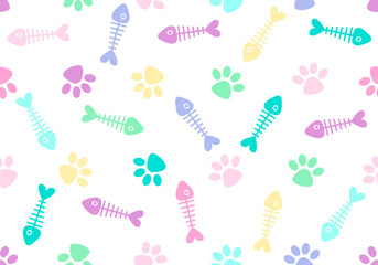 Seamless pattern with fish bone, cat paw. Vector fish salmon repeat scarf isolated cartoon illustration tile background. Cute texture