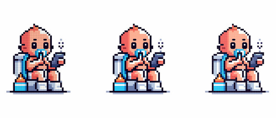 A baby with a pacifier and smartphone sitting on a toilet with a diaper, enjoying their time.