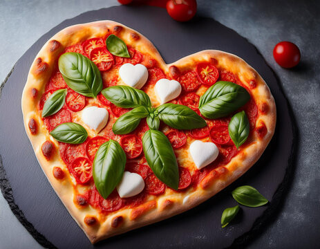 Pizza italiana a forma de corazon decorada con mozzarella tomates y albahaca 