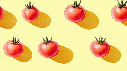 Sunlit red tomatoes arranged on pale yellow background