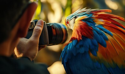 Collector photographing a rare bird in the wild, detailed camera equipment and vibrant feathers in focus.