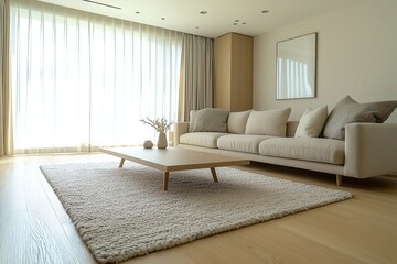 Minimalist, Mid century Modern Interior Design with sofa and table in residential living room from the side. Generative AI
