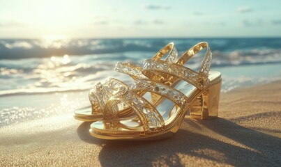 Designer sandals with intricate gold straps, reflecting sunlight, set on a sandy beach with ocean waves in the background, glamorous summer vibe,