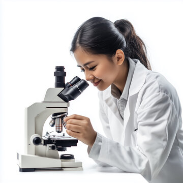 Asian Woman in White Coat Focused on Looking Through a Microscope in a Laboratory
