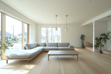 Fototapeta premium Mid century Modern Interior Design in the living room with light gray sofa and pendant lighting. Generative AI 