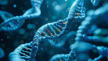 Illustration of genetic engineering, showcasing DNA strands being edited with CRISPR technology, in a futuristic lab setting