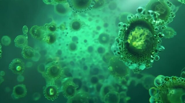 Animation of rod shaped pathogenic bacteria under microscope. A close up of a bunch of green bacteria.