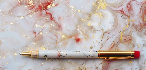 Elegant marble flat lay with gold and red accents, abstract background with a stylish pen