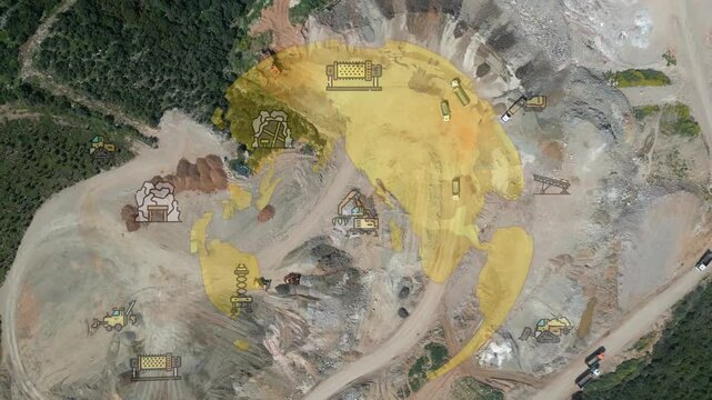 aerial view shot mining, dumpers, quarrying extractive industry stripping work. Big Mining Trucks. View from drone at opencast mining with lots of machinery trucks. High quality 4k footage