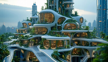 Imagine a futuristic city where biotechnology has transformed architecture; buildings made from living materials, with self-healing structures.