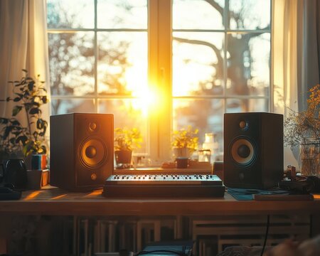 A bright home setup with glowing speakers delivering a rich melodic experience, sunlight illuminating the space