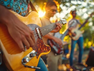 Fototapeta premium A bright outdoor jam session where glowing instruments take center stage, sunlight adding life to the melodies
