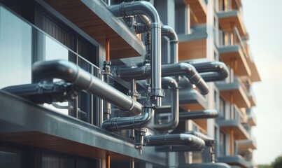 Construction of modern building water pipes in condominiums. Concept Condominium Construction, Building Systems, Water Pipes, Modern Technology, Infrastructure.