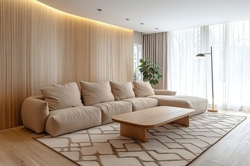 Fototapeta premium Minimalist interior design of the living room with wood-finished walls and beige sofas and wood tables. Generative AI 