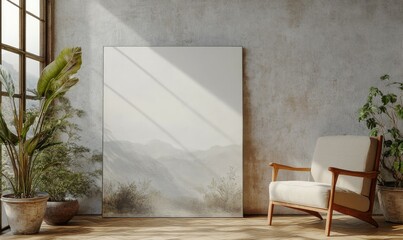Empty canvas leaning against textured concrete wall in modern interior with armchair, potted plants, and natural light. Mockup.