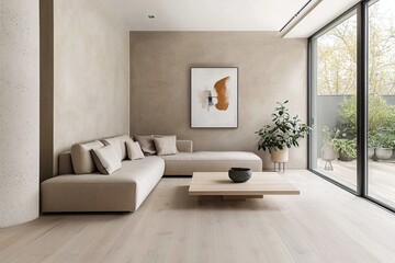 A mid century modern interior design of a living room with a wall hanging with art frames and a sofa and table. Generative AI
