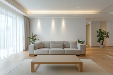 Fototapeta premium Minimalist, modern Scandinavian interior design in the living room with sofa and table. Generative AI 