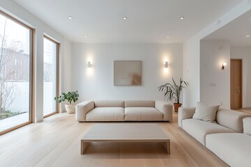 Minimalist, modern Scandinavian interior design in the living room with sofa and table. Generative AI
