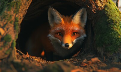 Naklejka premium Curious fox peering out from a den, its fiery orange fur contrasting with the earthy tones of the surroundings.