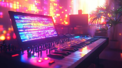 A glowing music software tool projecting harmonies in a sunny studio, the artist immersed in creativity