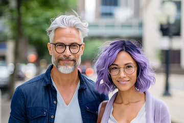 urban couple fashion, a chic middle-aged couple strolling in the city the man has dark blue hair and a beard, the woman rocks purple waves