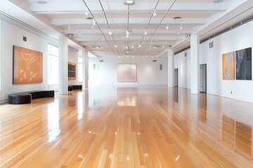 auction house gallery, an auction house gallery with sleek wood floors and white walls, minimalist seating highlighting displayed artifacts