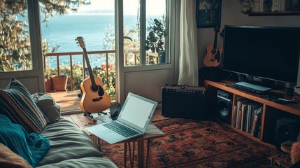 idea for working from home, image of a living room with a white laptop, guitar, and television