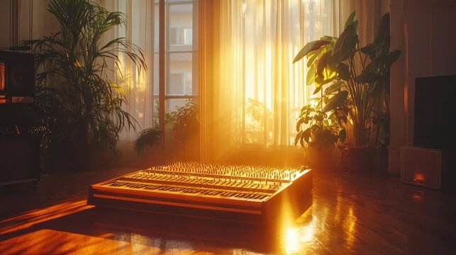 A glowing soundboard in a bright studio where a producer adjusts levels for a melodic track, sunlight streaming through tall windows