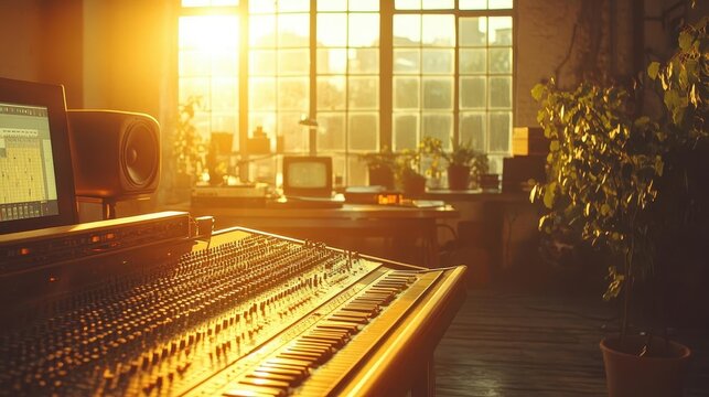 A glowing soundboard in a bright studio where a producer adjusts levels for a melodic track, sunlight streaming through tall windows