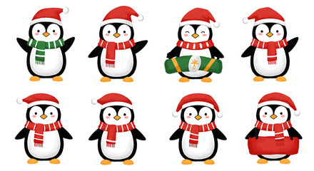 set of cute Christmas penguin character vector illustration Transparent Background 
