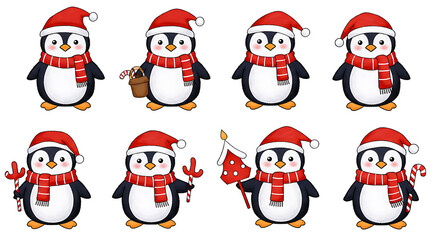 set of cute Christmas penguin character vector illustration Transparent Background 