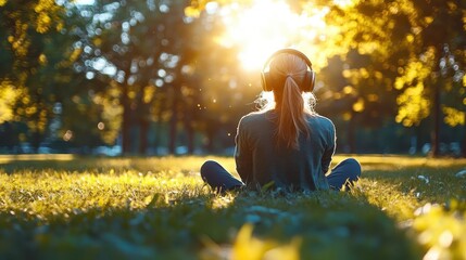 A serene moment where a listener enjoys glowing music on headphones in a park, sunlight creating a peaceful ambiance