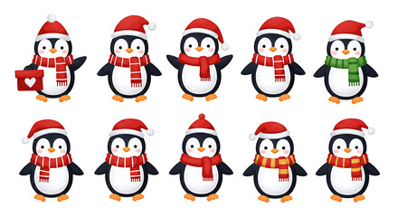 set of cute Christmas penguin character vector illustration Transparent Background 