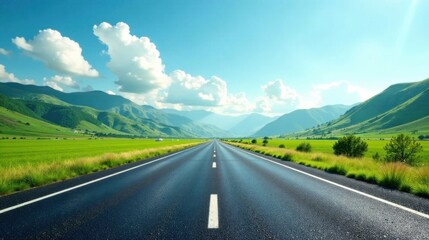 Fototapeta premium Asphalt ribbon unwinding through verdant valleys under a brilliant summer sky, promising adventure and open horizons