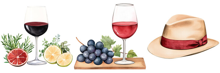 National Drink Wine Day and wine event, A collection featuring wine glasses, fresh fruits, grapes, herbs, and a stylish straw hat.