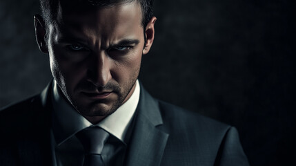 Mężczyzna w garniturze, o poważnym wyrazie twarzy, patrzący intensywnie na tle ciemnej scenerii, tworzący atmosferę skupienia i siły.