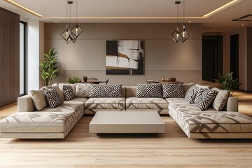 Fototapeta premium Mid century Modern Interior Design in the living room with pendant lighting and art frames visible and sofa and patterned cushions. Generative AI 
