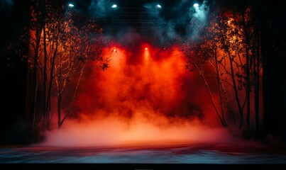 Dramatic stage set featuring a dark forest with glowing red accents and fog effects, creating an eerie theatrical atmosphere,