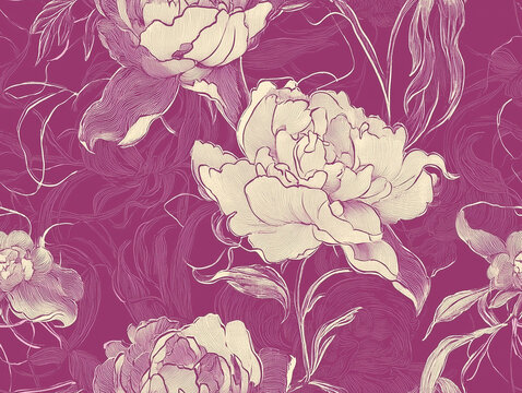 Motif r&eacute;p&eacute;titif (seamless pattern) d'un papier peint historique de style art d&eacute;co avec des fleurs de pivoines et des motifs g&eacute;om&eacute;triques