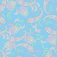 Hand drawn floral paisley seamless vector pattern. Batik style fabric