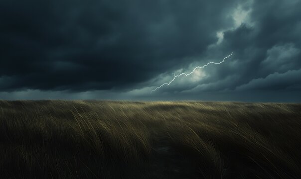 Dramatic storm clouds over an open prairie, pencil details of wind-blown grass and distant lightning, subtle light breaking through dark skies, raw and atmospheric,
