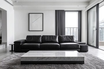 Minimalist, mid century modern interior design of the living room with white finish and black sofa and table. Generative AI
