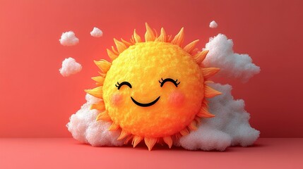 Happy smiling sun among fluffy white clouds